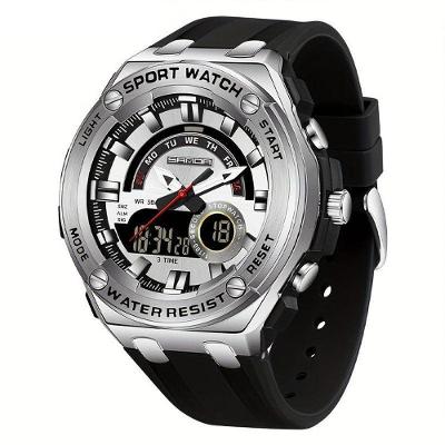 Relógio De Pulso Masculino à Prova D'água 50m Esportivo Multifuncional Com Pulseira De Silicone Preto Prateado