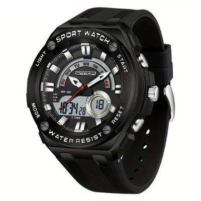 Relógio De Pulso Masculino à Prova D'água 50m Esportivo Multifuncional Com Pulseira De Silicone Preto Branco