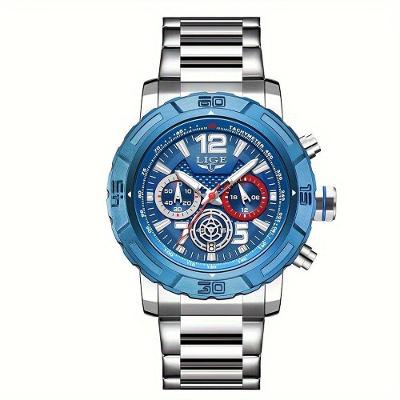 Relógio De Quartzo Masculino Em Aço Inoxidavel Design Esportivo á Prova D´agua Azul Prateado