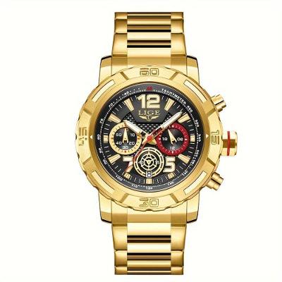 Relógio De Quartzo Masculino Em Aço Inoxidavel Design Esportivo á Prova D´agua Dourado Preto