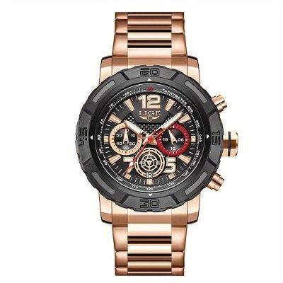 Relógio De Quartzo Masculino Em Aço Inoxidavel Design Esportivo á Prova D´agua Rosa Preta