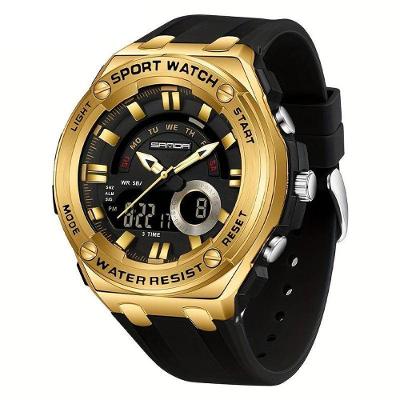 Relógio De Pulso Masculino à Prova D'água 50m Esportivo Multifuncional Com Pulseira De Silicone Preto Dourado