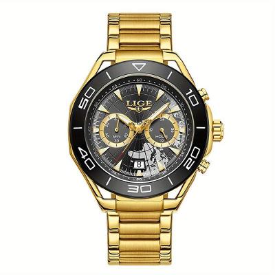 Relógio De Quartzo Para Homens Multifuncional Estilo Casual Com Pulseira De Aço Inoxidável Dourado&preto