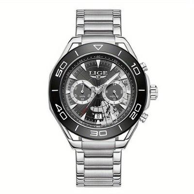 Relógio De Quartzo Para Homens Multifuncional Estilo Casual Com Pulseira De Aço Inoxidável Preto Prateado