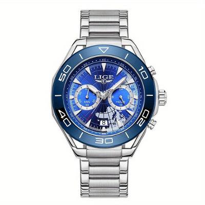 Relógio De Quartzo Para Homens Multifuncional Estilo Casual Com Pulseira De Aço Inoxidável Azul Prateado