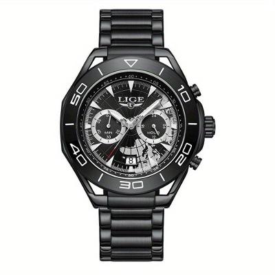 Relógio De Quartzo Para Homens Multifuncional Estilo Casual Com Pulseira De Aço Inoxidável Preto