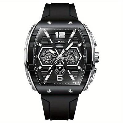 Relógio Multifuncional Para Homens Com Pulseira De Silicone Display Luminoso Impermeável 3atm Preto Prateado
