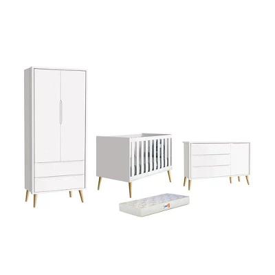 Dormitório Theo 2 Portas, Cômoda Com Porta Branco Com Pés Madeira Natural E Colchão D18 Reller Móveis Branco