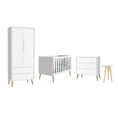 Dormitório Theo 2 Portas E Mesa De Canto Branco Com Pés Madeira Natural Reller Móveis Branco