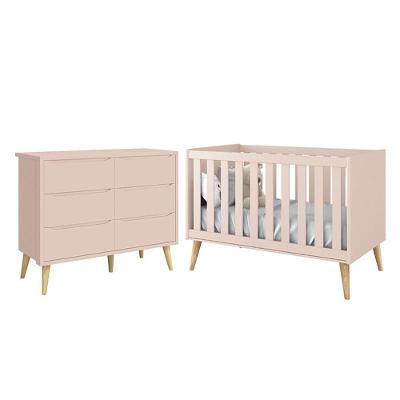 Jogo De Quarto Infantil Theo Cômoda 6 Gavetas E Berço Rosa Fosco Com Pés Madeira Natural Reller Móveis Rosa Fosco