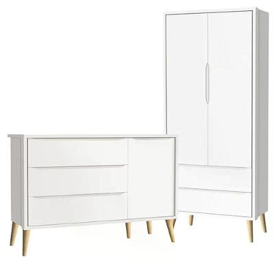 Guarda Roupa 2 Portas E Cômoda Com Porta Theo Branco Fosco Pés Madeira Natural Reller Móveis Branco Fosco