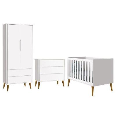 Dormitório Infantil Theo Retrô 2 Portas Cômoda E Berço Branco Fosco Com Pés Amadeirado Reller Móveis Branco Fosco