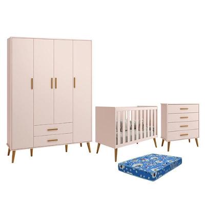 Dormitório Infantil Isis Guarda Roupa 4 Portas Cômoda E Berço Rosa Com Colchão Reller Móveis Rosa