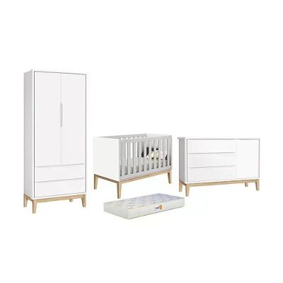 Dormitório Classic 2 Portas Cômoda Com Porta Branco Com Pés Madeira Natural E Colchão D18 Reller Móveis Branco