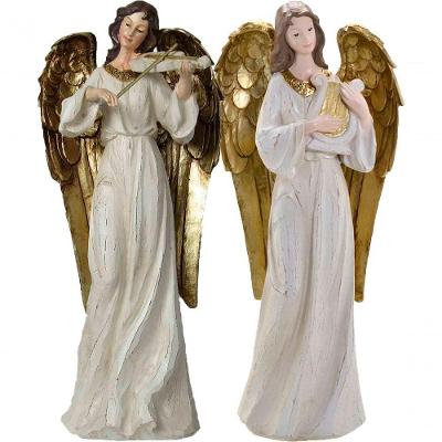 Dupla Anjos Músico Harpista Violinista Em Resina Natal 38cm