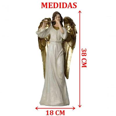 Anjo Decorativo Musico Flauta Ouro Resina Enfeite Natal 38cm