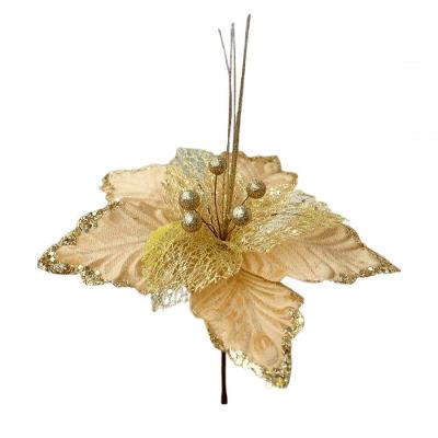 Kit 4 Flores Artificial Glitter Dourado Enfeite Natal 25cm