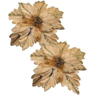 Kit 2 Flores Artificial Madeira Glitter Dourado Natal 25cm