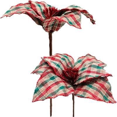 Kit 4 Flores Artificiais Xadrez Artesanal Gliter Natal 30cm
