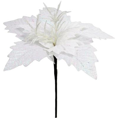 Kit 4 Flores Artificial Gliter Branco Enfeite Natalino 25cm