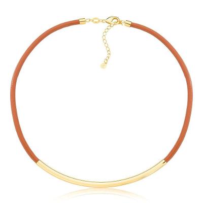 Colar De Couro Natural Caramelo Com Canutilho Longo Revestido Em Ouro