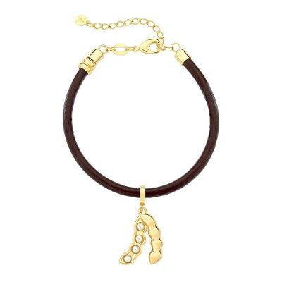 Pulseira De Couro Natural Com Charm Soja 4 Pérolas