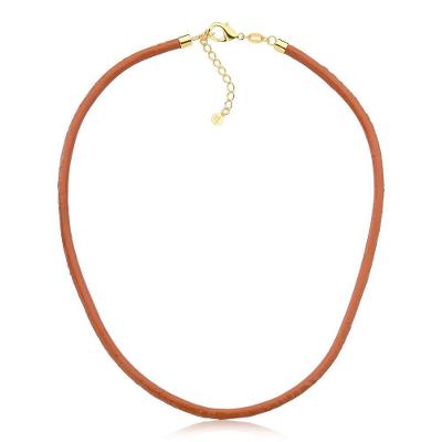 Colar De Couro Natural Caramelo Revestido Em Ouro Tamanho 42cm