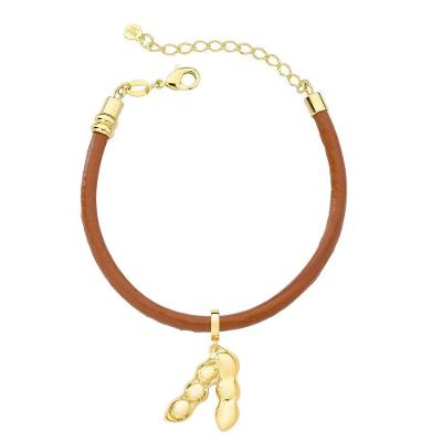 Pulseira Soja Maciça No Couro Caramelo Revestido Em Ouro