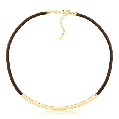 Colar De Couro Natural Café Com Canutilho Longo Revestido Em Ouro
