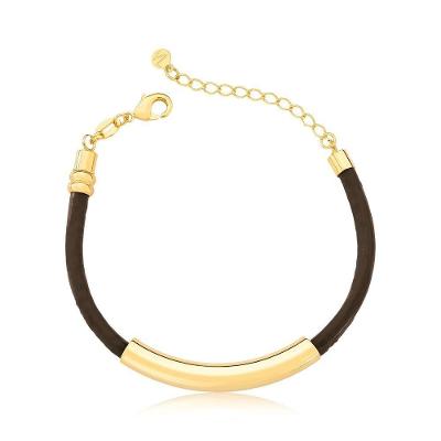Pulseira De Couro Natural Café Com Canutilho Revestimento Em Ouro