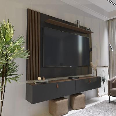 Rack Com Painel Ripado Suspenso Para Tv Até 70 Polegadas 2 Portas Grécia 180cm Preto E Freijó