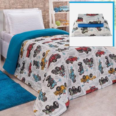 Coordenado Coberdrom Edredom E Lençol Solteiro 4 Peças Carros - Azul