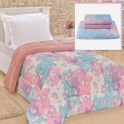 Coordenado Coberdrom Edredom E Lençol Solteiro 4 Peças Unicórnio - Rosa