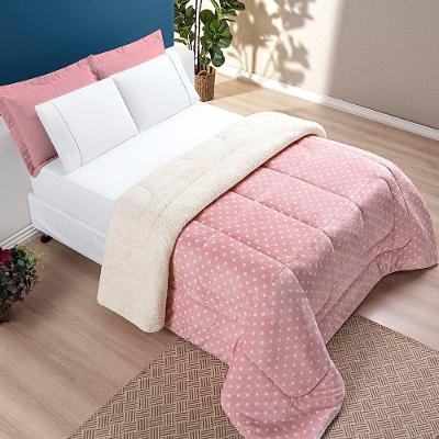 Edredom Coberdrom Romantico Poá Queen Sherpa E Manta Flannel - Rosê