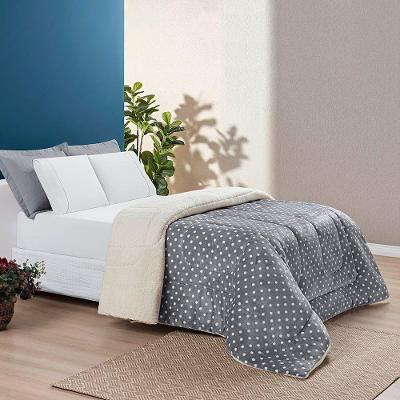 Edredom Coberdrom Romantico Poá Padrão Sherpa E Manta Flannel - Cinza