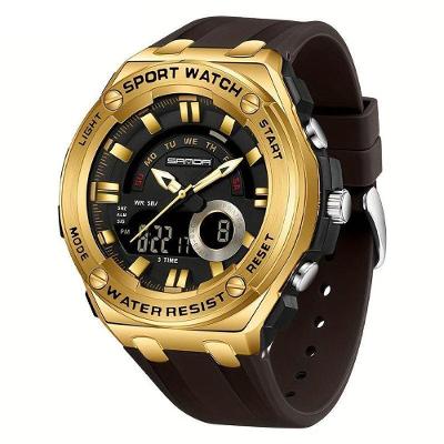 Relógio De Pulso Masculino à Prova D'água 50m Esportivo Multifuncional Com Pulseira De Silicone Marrom Dourado