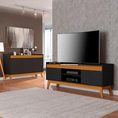 Conj Buffet E Rack Para Tv 50" Ripado 136cm Preto/Cedro