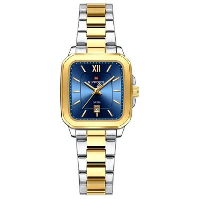 Relógio De Quartzo Feminino Casual Mostrador Quadrado Pulseira Em Aço Inoxidável Impermeavel Azul Dourado