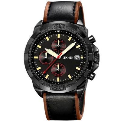 Relógio De Quartzo Masculino Pulseira De Couro Genuíno Multifuncional 3atm Impermeável Preto