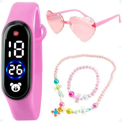 Relogio Digital Infantil Led + Colar Pink Garota Presente Ursinho Social Led Ajustavel Miçanga