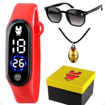 Relogio Digital Infantil Iron Man + Oculos + Colar + Caixa Kids Vermelho Ajustavel Qualidade Premium