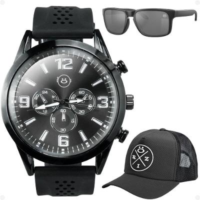 Relogio Masculino Aço Inox + Oculos Sol Proteção Uv + Boné Presente Analogico Silicone Social Casual