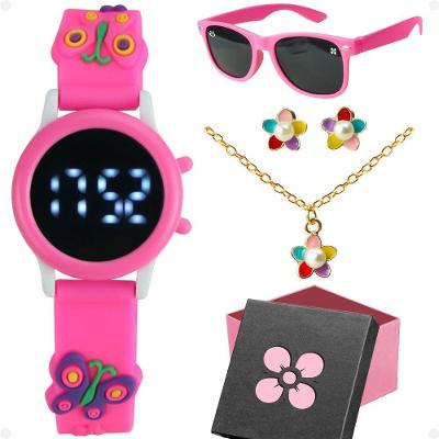 Relogio Infantil Digital + Oculos Sol Caixa Brinco Colar Rosa Caixa Led Qualidade Premium Presente