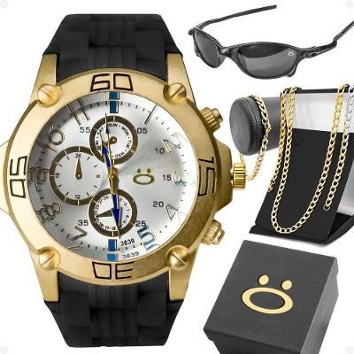 Relogio Masculino Aço + Cordao Pulseira + Oculos Sol + Caixa Qualidade Premium Banhado Dourado Preto