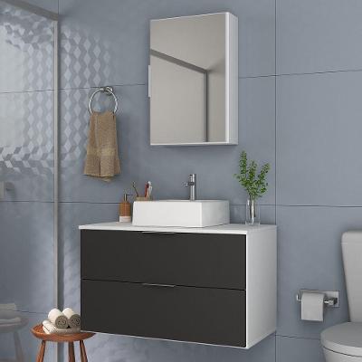 Conjunto Gabinete Banheiro Rubi 80cm - Gabinete + Cuba + Espelheira Branco Preto