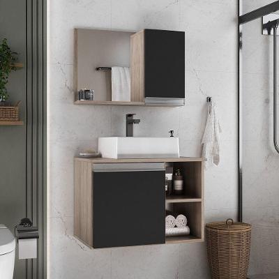Conjunto Gabinete Banheiro Virtus 60cm - Gabinete + Cuba + Espelheira Madeirado Preto