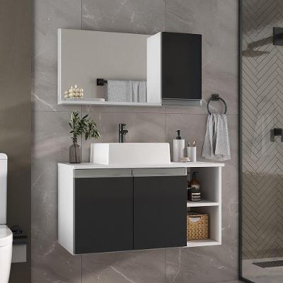 Conjunto Gabinete Banheiro Virtus 80cm - Gabinete + Cuba + Espelheira Branco Preto
