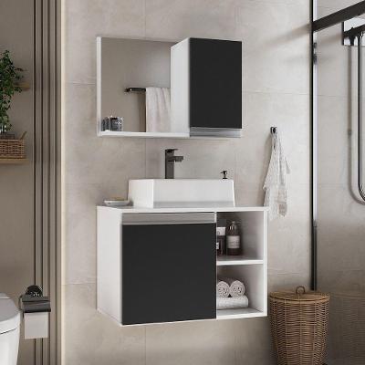 Conjunto Gabinete Banheiro Virtus 60cm - Gabinete + Cuba + Espelheira Branco Preto