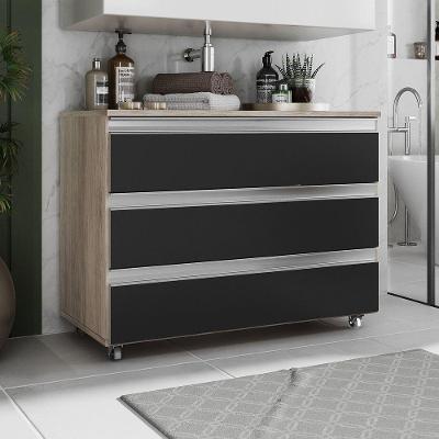 Gabinete Banheiro Rodinhas Joia 80cm 03 Gavetas Madeirado Preto