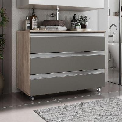 Gabinete Banheiro Rodinhas Joia 80cm 03 Gavetas Madeirado Cinza